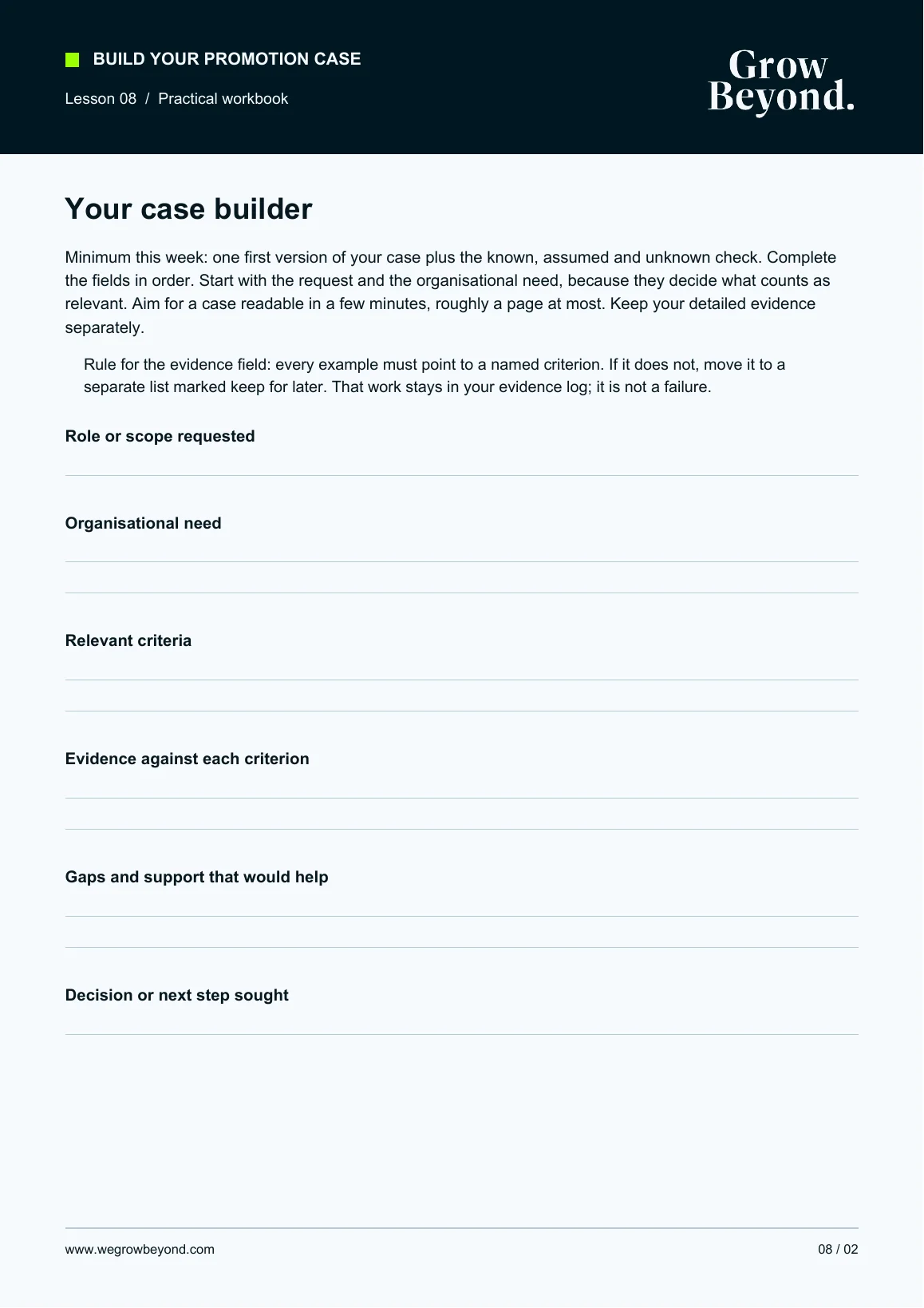 Sample workbook page: building the written promotion case (Lesson 8)
