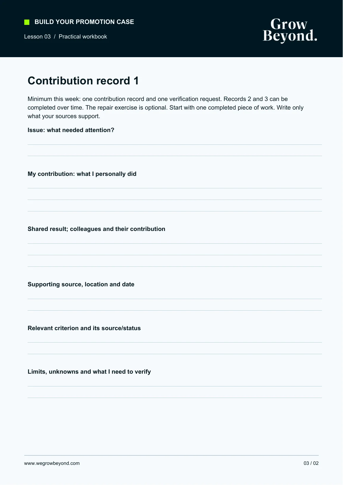 Sample workbook page: recording evidence of contribution (Lesson 3)