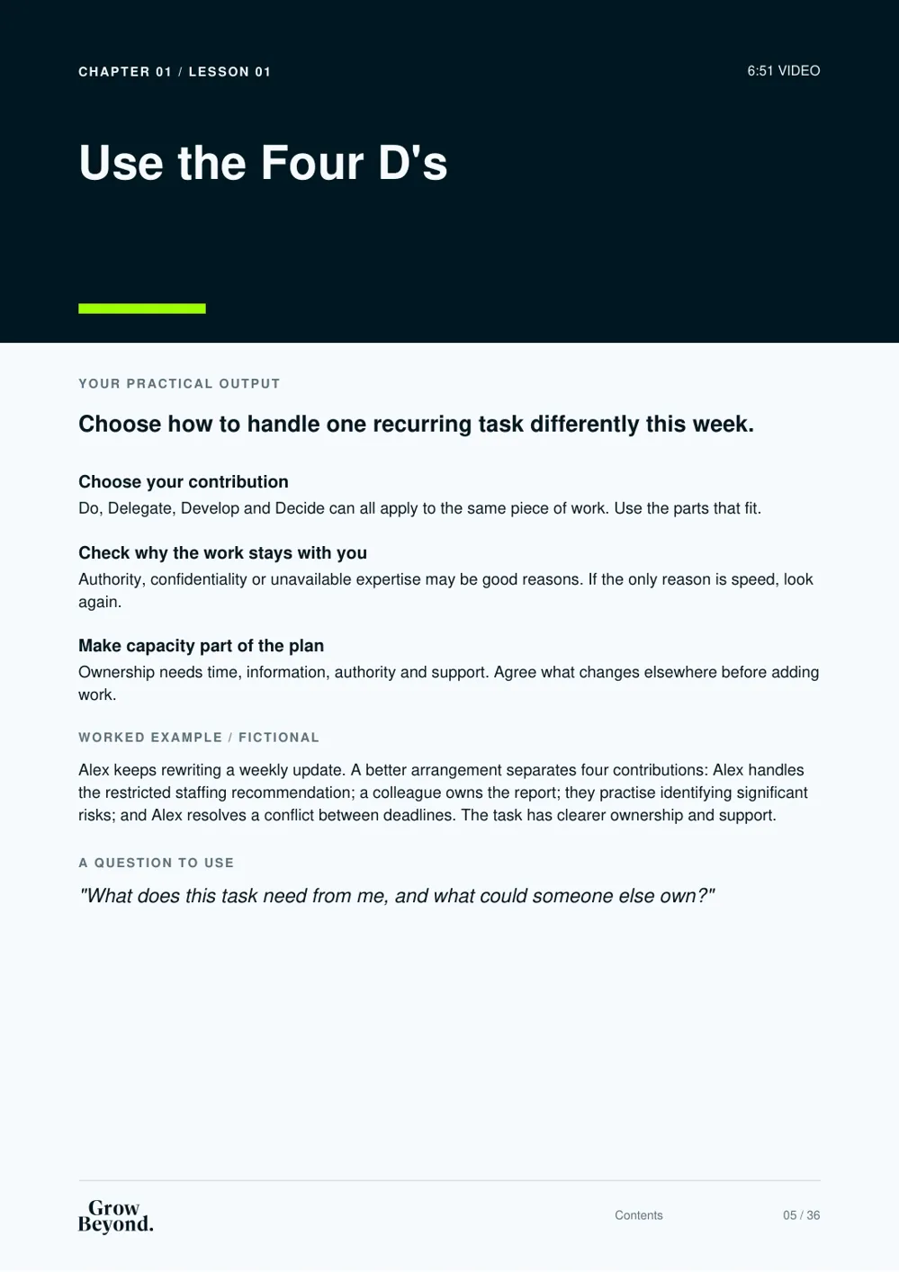 Workbook page 5: Use the Four D's — choose how to handle one recurring task differently this week, with a fictional worked example and a question to use.